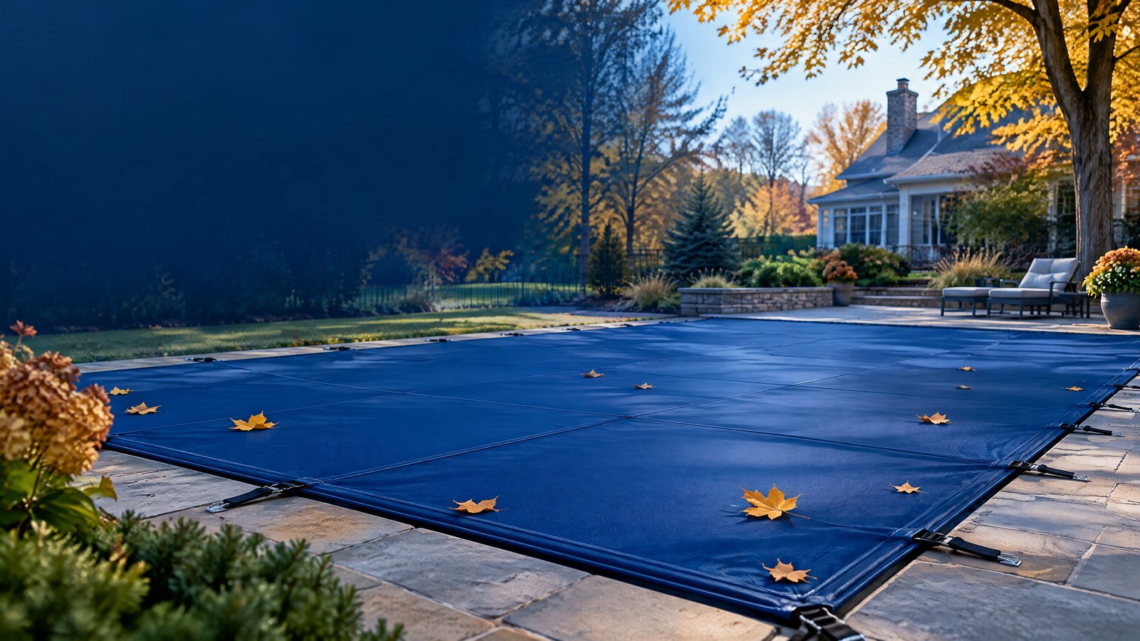 Blue safety cover secured over a residential pool with autumn leaves
