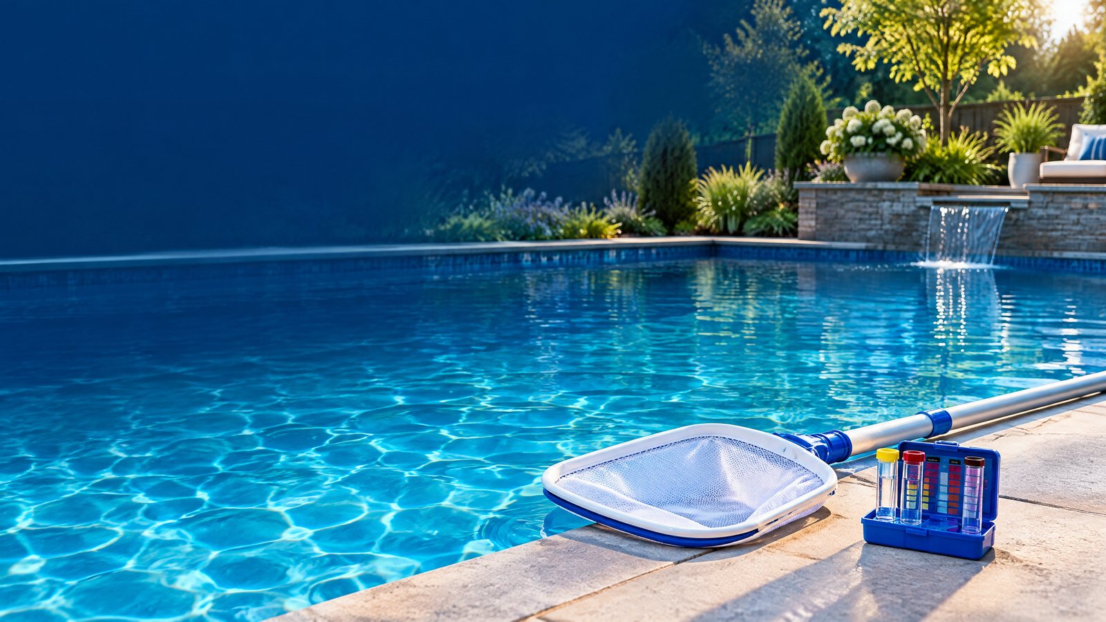 Clear pool with a skimmer net and water testing kit