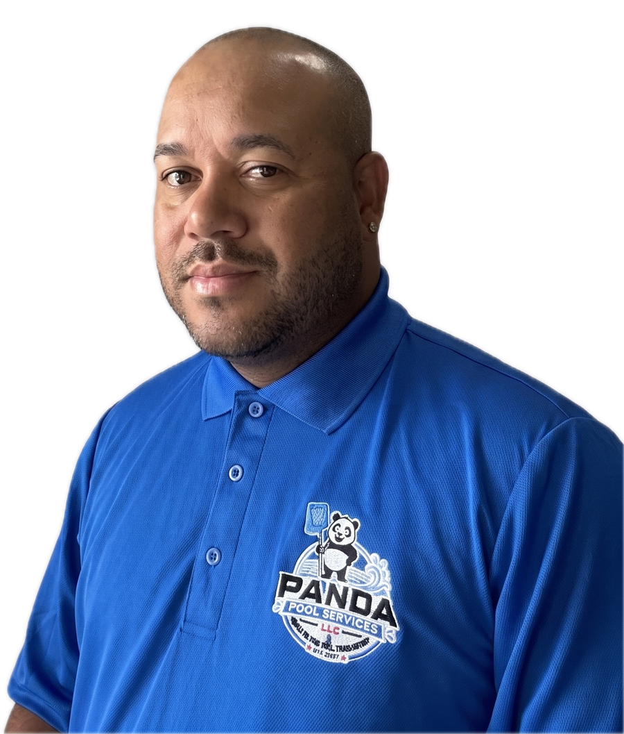 Julio, founder and owner of Panda Pool Services, in his Panda Pool Services polo